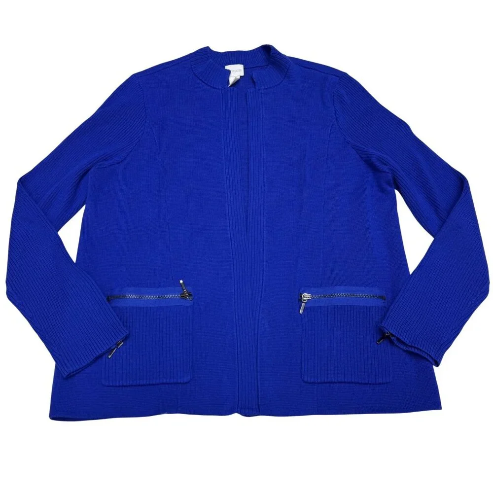 Chico's Women's Blue Knit Jacket Open Front Zipper Accents Ribbed, Size 2 /US L - Picture 1 of 8